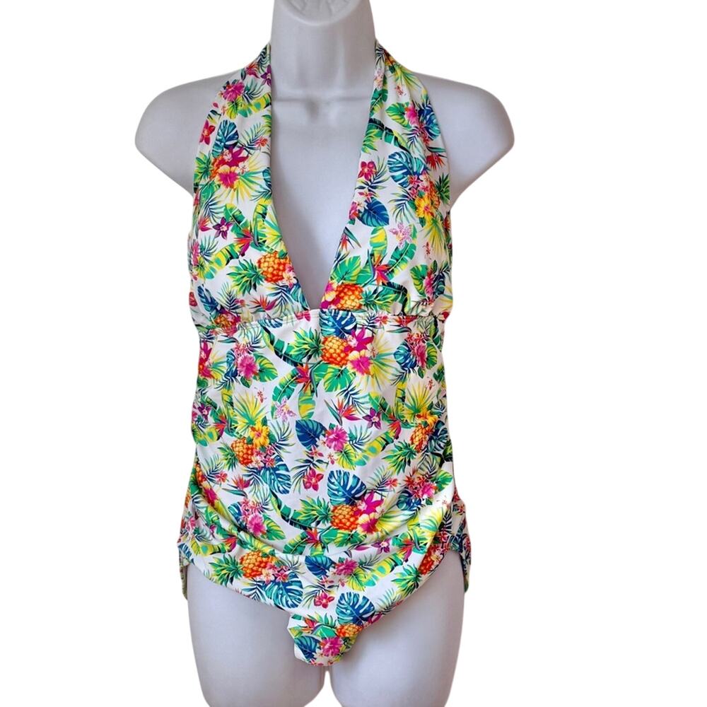 Firpearl White Tropical Pineapple Palm Halter Pin Up One Piece Swimsuit Size 12